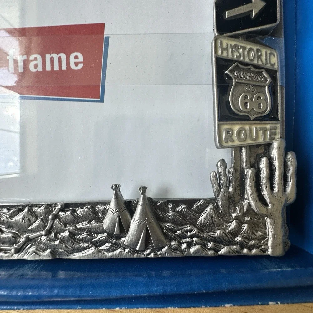 VTG Route 66 Motorcycle Frame Pewter 4x6 Photo 3D Cactus Signs Get Your Kicks On